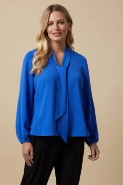 Wallis Petite Plain Blue Tie Neck Blouse