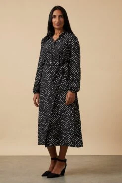 Wallis Black Spot Wrap Waist Dress