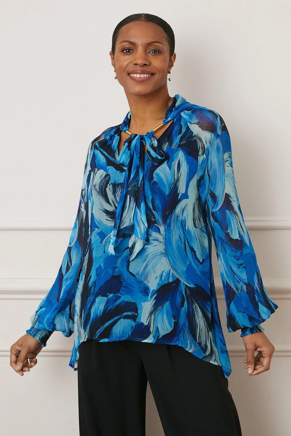 Wallis Feather Print Tie Neck Blouse - Image 2