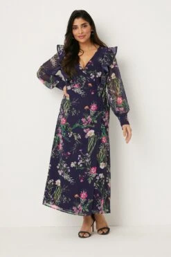 Wallis Petite Navy Floral Ruffle Front Wrap Midi Dress