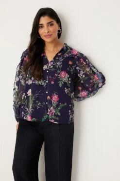 Wallis Petite Navy Floral Frill Detail Blouse