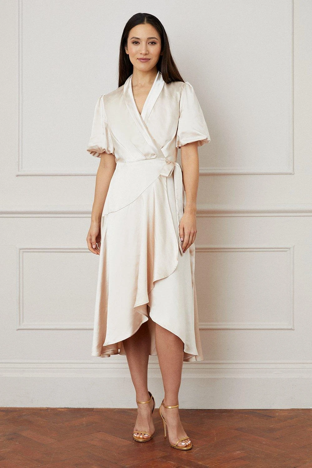 Wallis Satin Balloon Sleeve Wrap Midi Dress