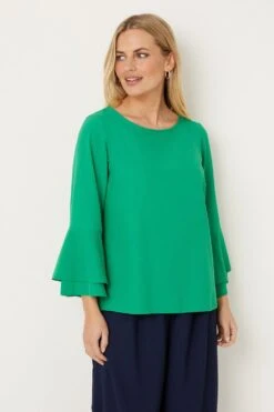 Wallis Petite Green Crepe Flute Sleeve Top
