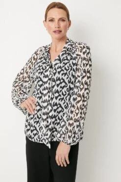 Wallis Mono Abstract Tie Neck Top