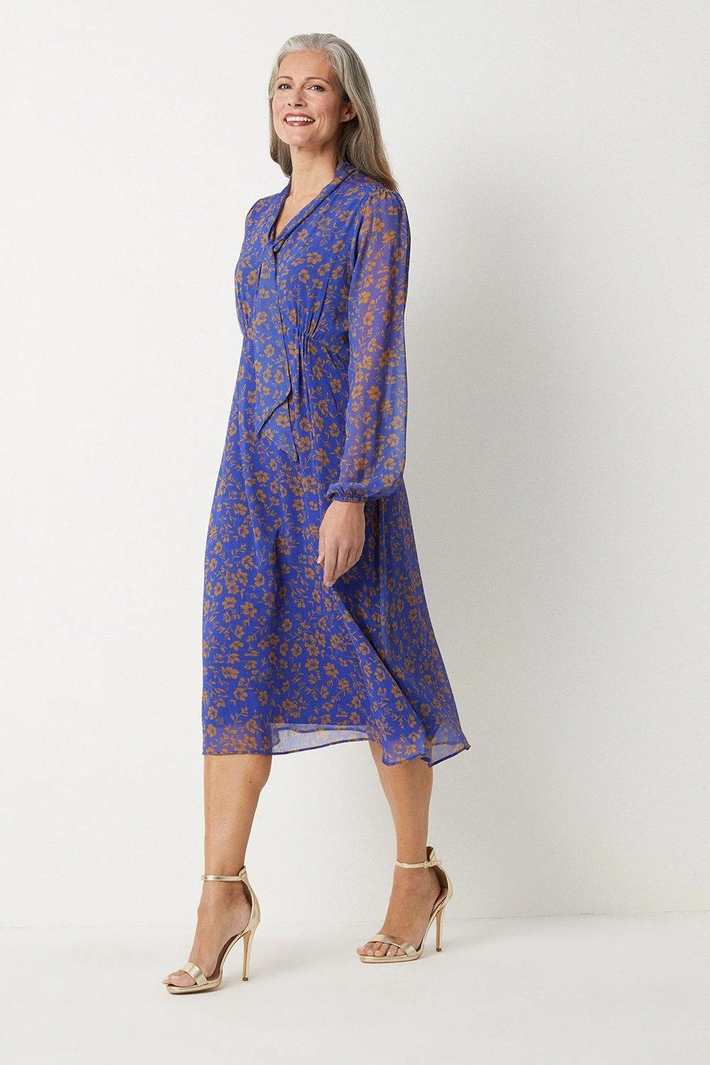 Wallis Navy And Gold Floral Tie Neck Midi Dress