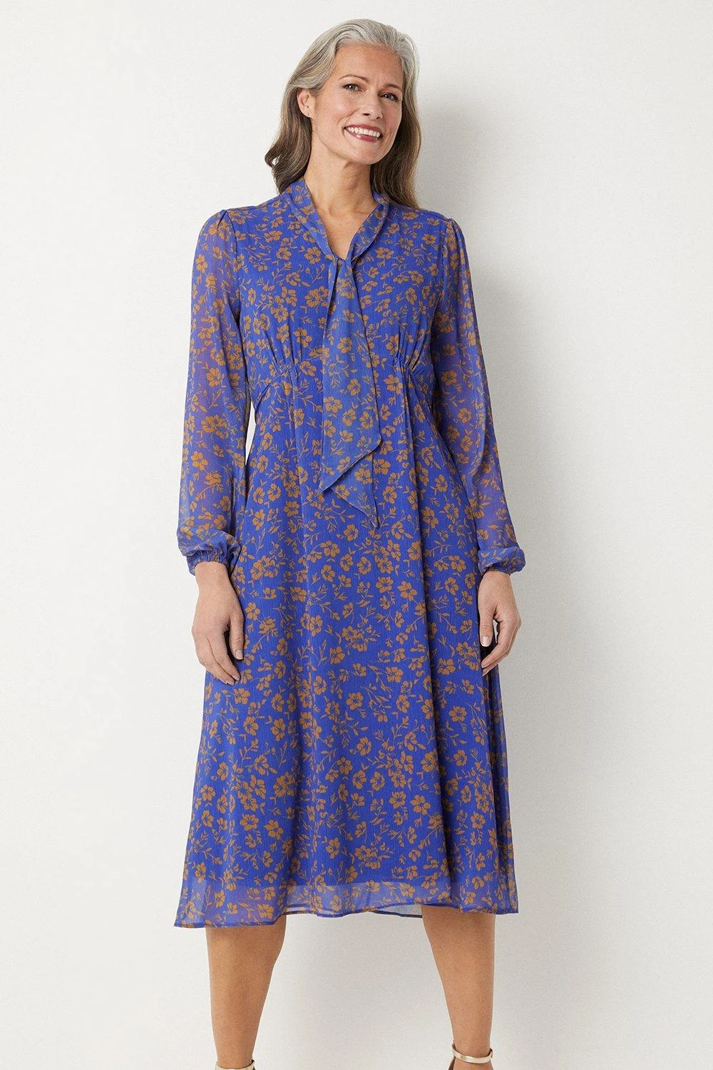 Wallis Navy And Gold Floral Tie Neck Midi Dress - Image 2