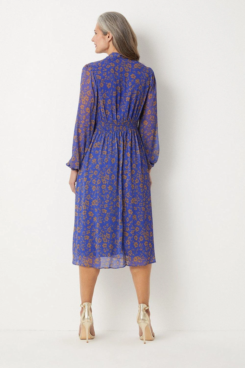 Wallis Navy And Gold Floral Tie Neck Midi Dress - Image 3