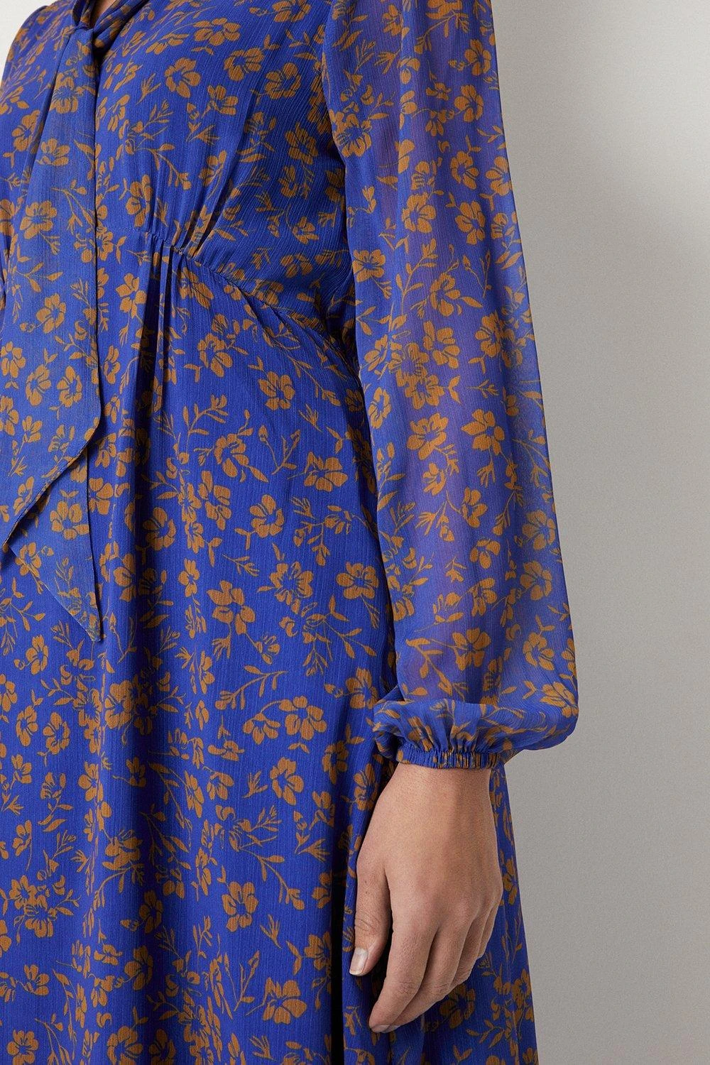 Wallis Navy And Gold Floral Tie Neck Midi Dress - Image 4