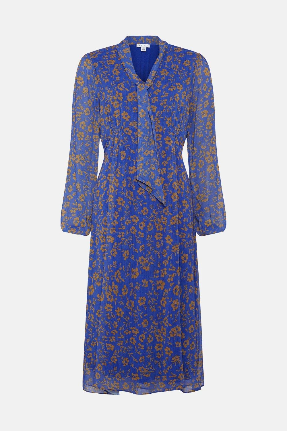 Wallis Navy And Gold Floral Tie Neck Midi Dress - Image 5