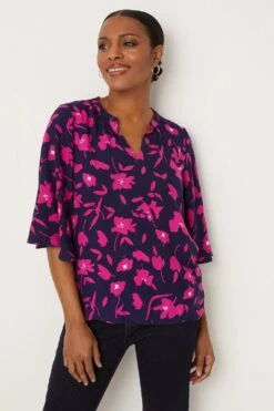 Wallis Navy And Pink Floral Flute Sleeve Blouse