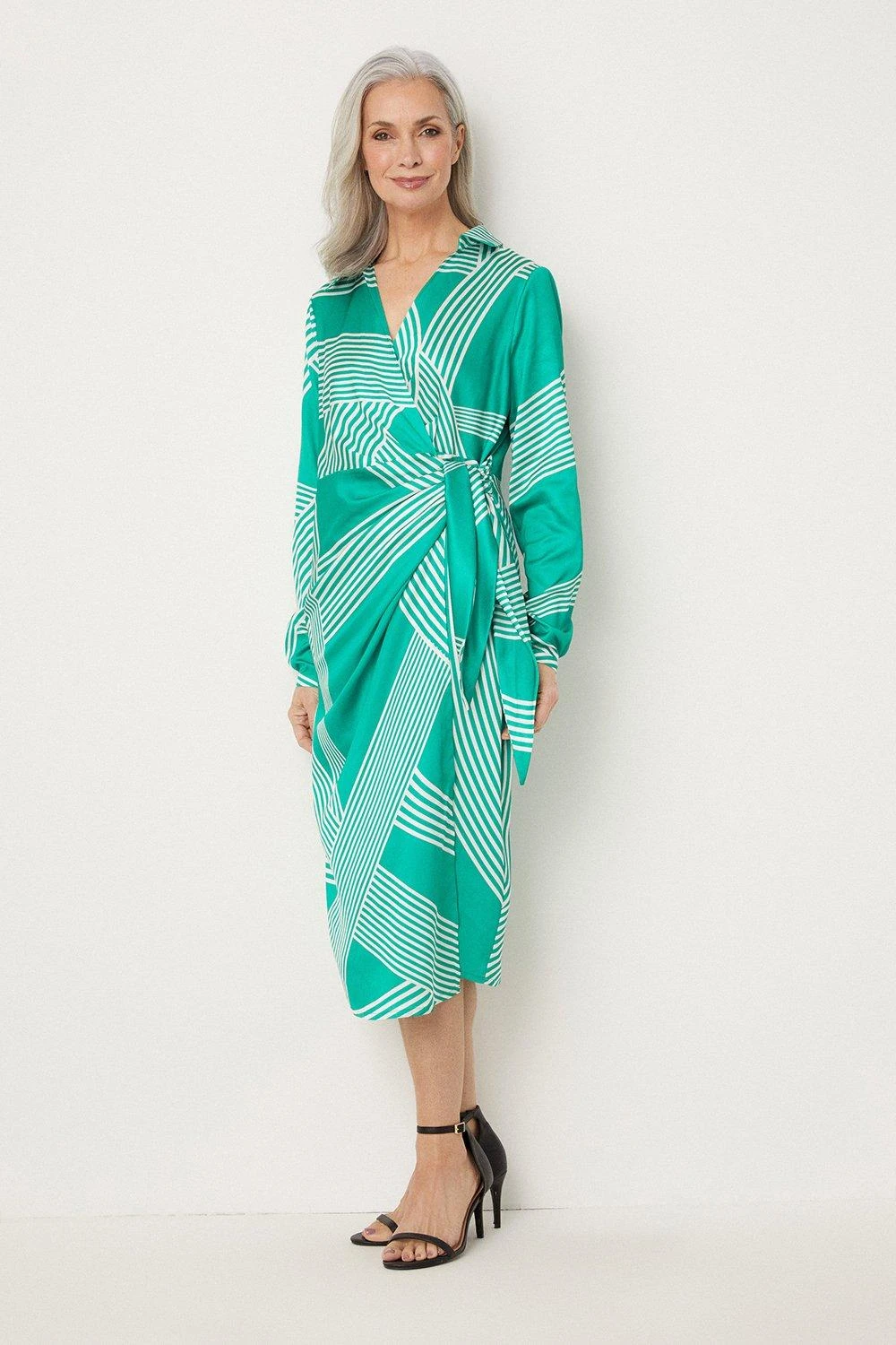 Wallis Green Abstract Stripe Tie Wrap Dress