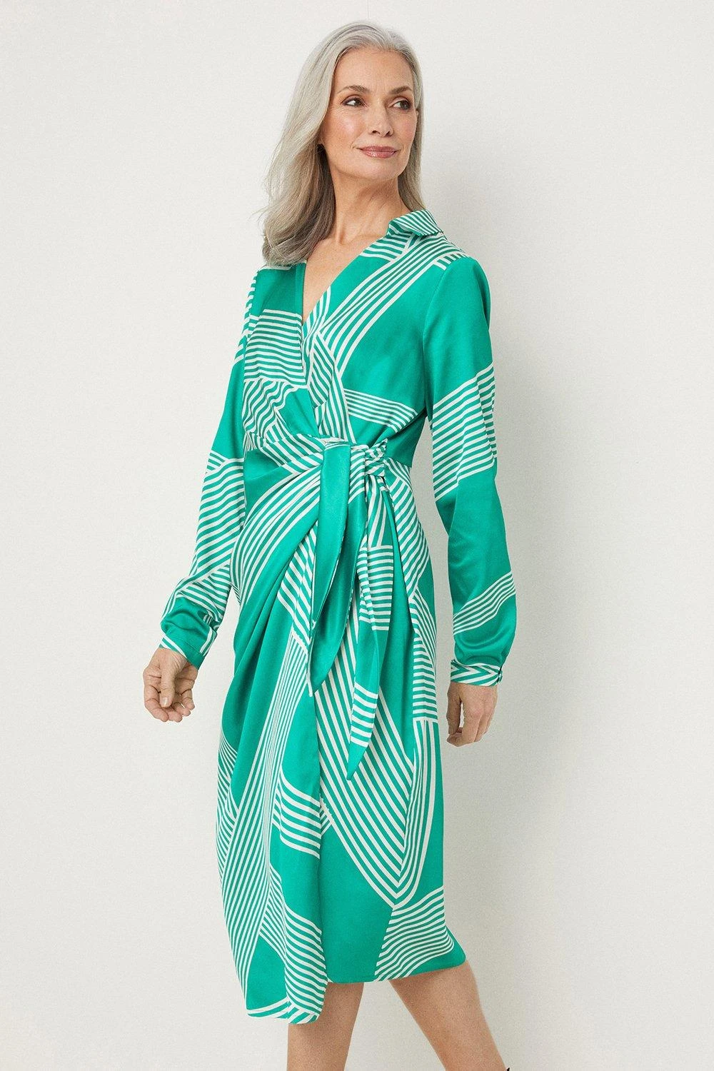 Wallis Green Abstract Stripe Tie Wrap Dress - Image 2