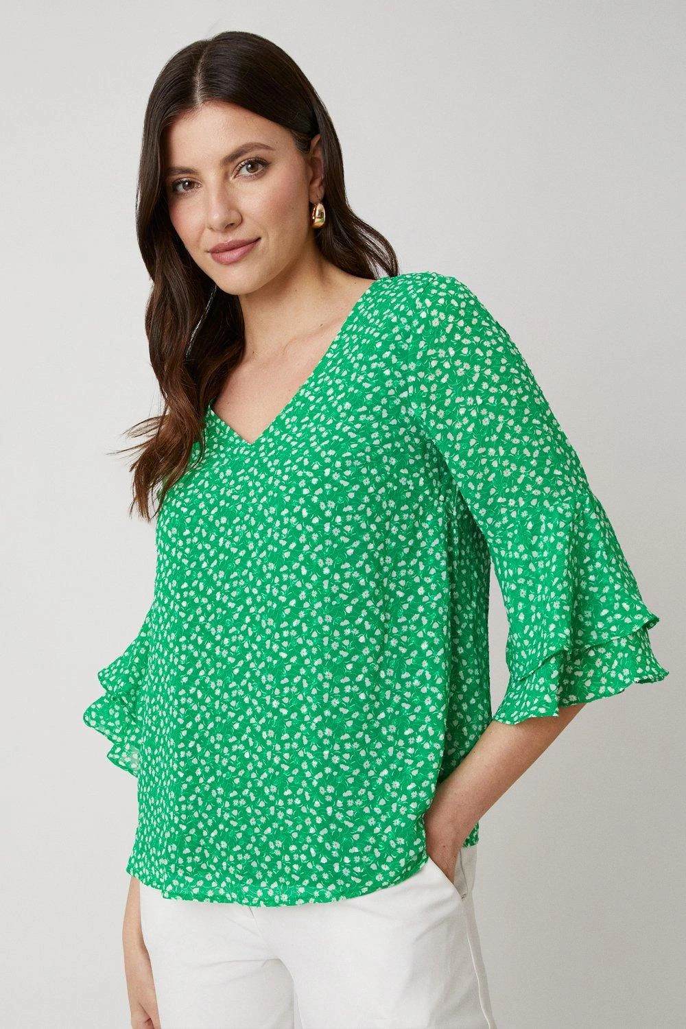 Wallis Petite V Neck Ruffle Sleeve Blouse - Image 2