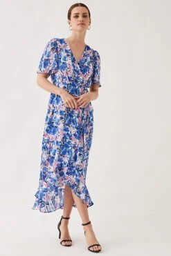 Wallis Petite Floral Glitter Stripe Ruffle Wrap Midi Dress