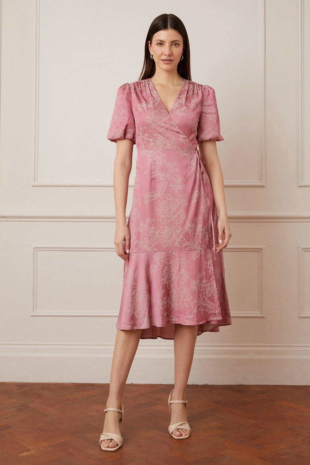 Wallis Jacquard Floral Puff Sleeve Wrap Midi Dress