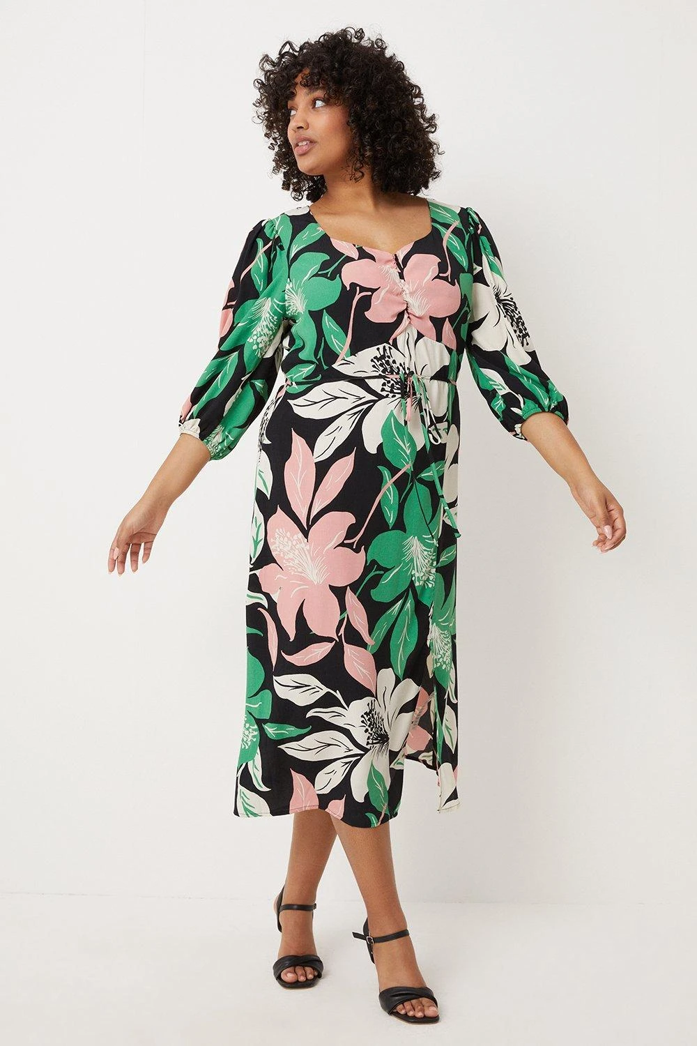 Wallis Curve Black Botanical Floral Midi Dress