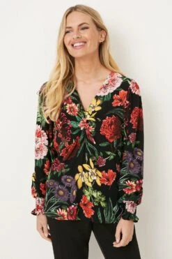 Wallis Petite Black Botanical Floral Ruched Detail Top