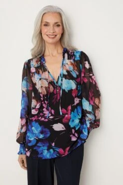 Wallis Multi Large Floral Tie Neck Blouse
