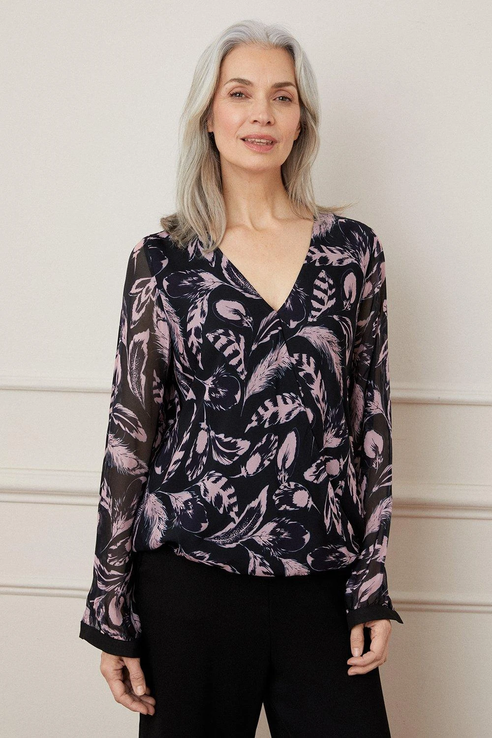 Wallis Silk Mix Feather Print Wrap Top - Image 2