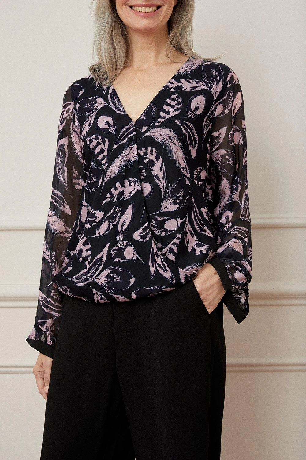 Wallis Silk Mix Feather Print Wrap Top - Image 4