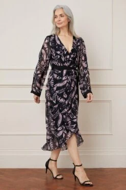 Wallis Silk Mix Feather Print Split Sleeve Wrap Midi Dress