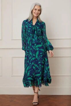Wallis Silk Mix Feather Print Tie Neck Midi Dress