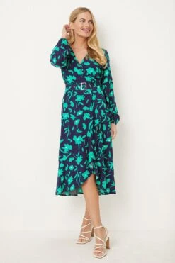 Wallis Petite Green Stencil Floral Belted Midi Wrap Dress