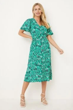 Wallis Petite Green Polka Dot Button Through Midi Dress