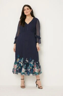 Wallis Curve Navy Floral Border Print Tea Midi Dress