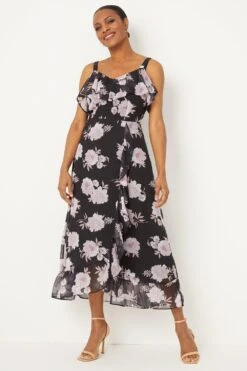 Wallis Black Floral Cold Shoulder Midi Dress