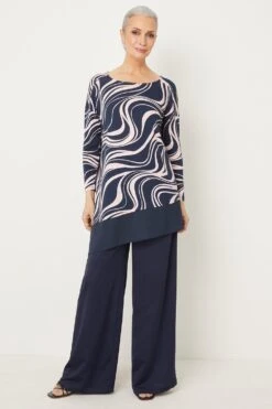 Wallis Navy And Blush Swirl Asymmetric Jersey Top