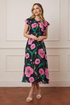 Wallis Poppy Print Ruffle Sleeve Midi Dress