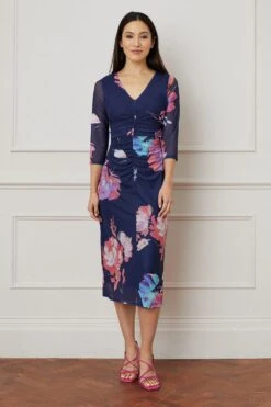 Wallis Floral Mesh Ruched Front Midi Dress
