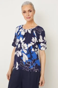 Wallis Blue Stencil Floral Woven Shell Top