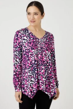 Wallis Raspberry Abstract Jersey Hanky Hem Top