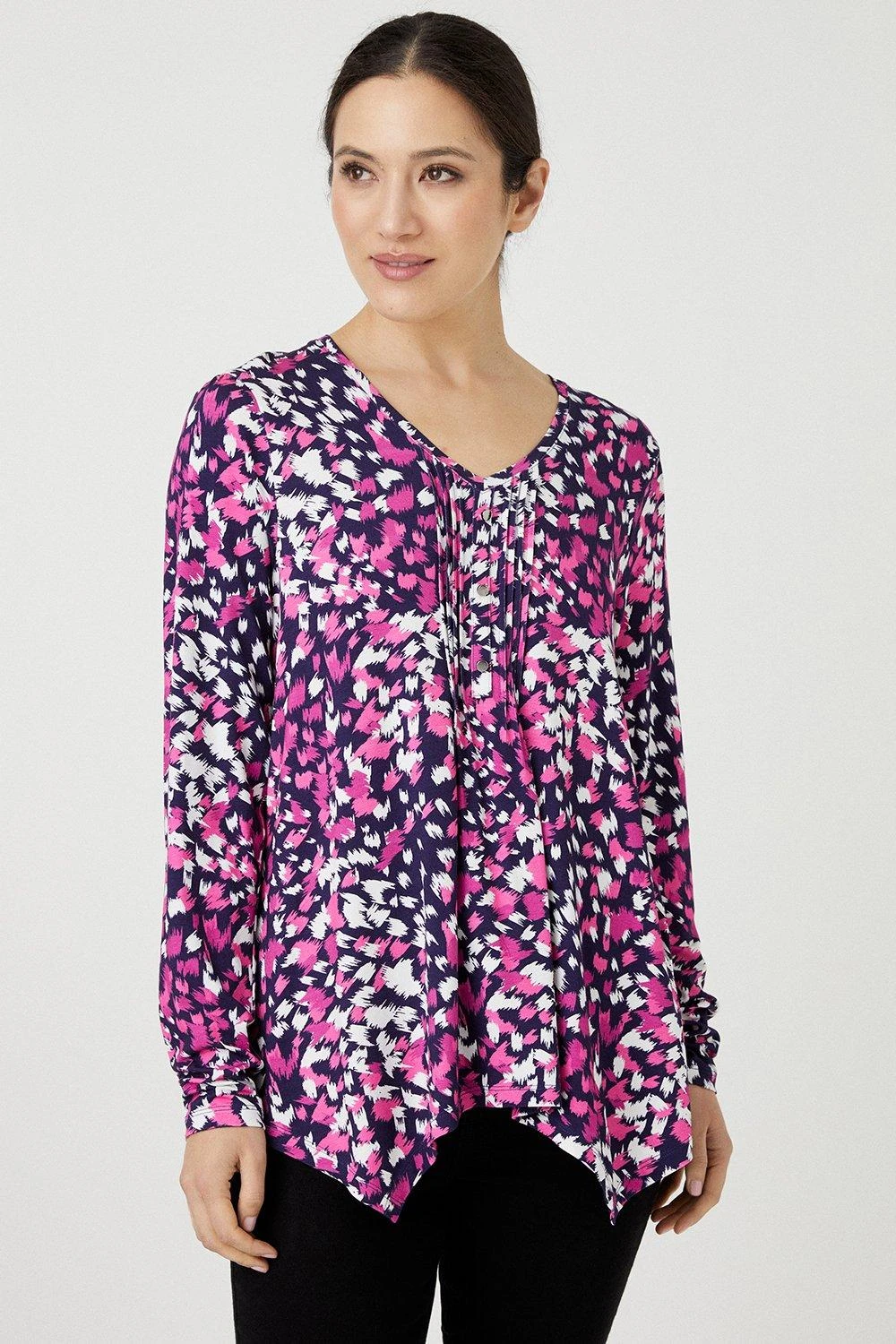 Wallis Raspberry Abstract Jersey Hanky Hem Top