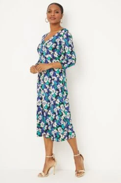 Wallis Blue And Green Floral Jersey Split Hem Midi Dress