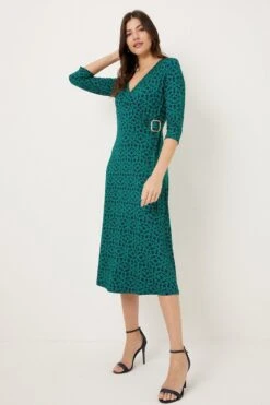 Wallis Green Geo Jersey Buckle Wrap Dress