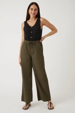Wallis Khaki Elasticated Waist Wide Leg Trousers