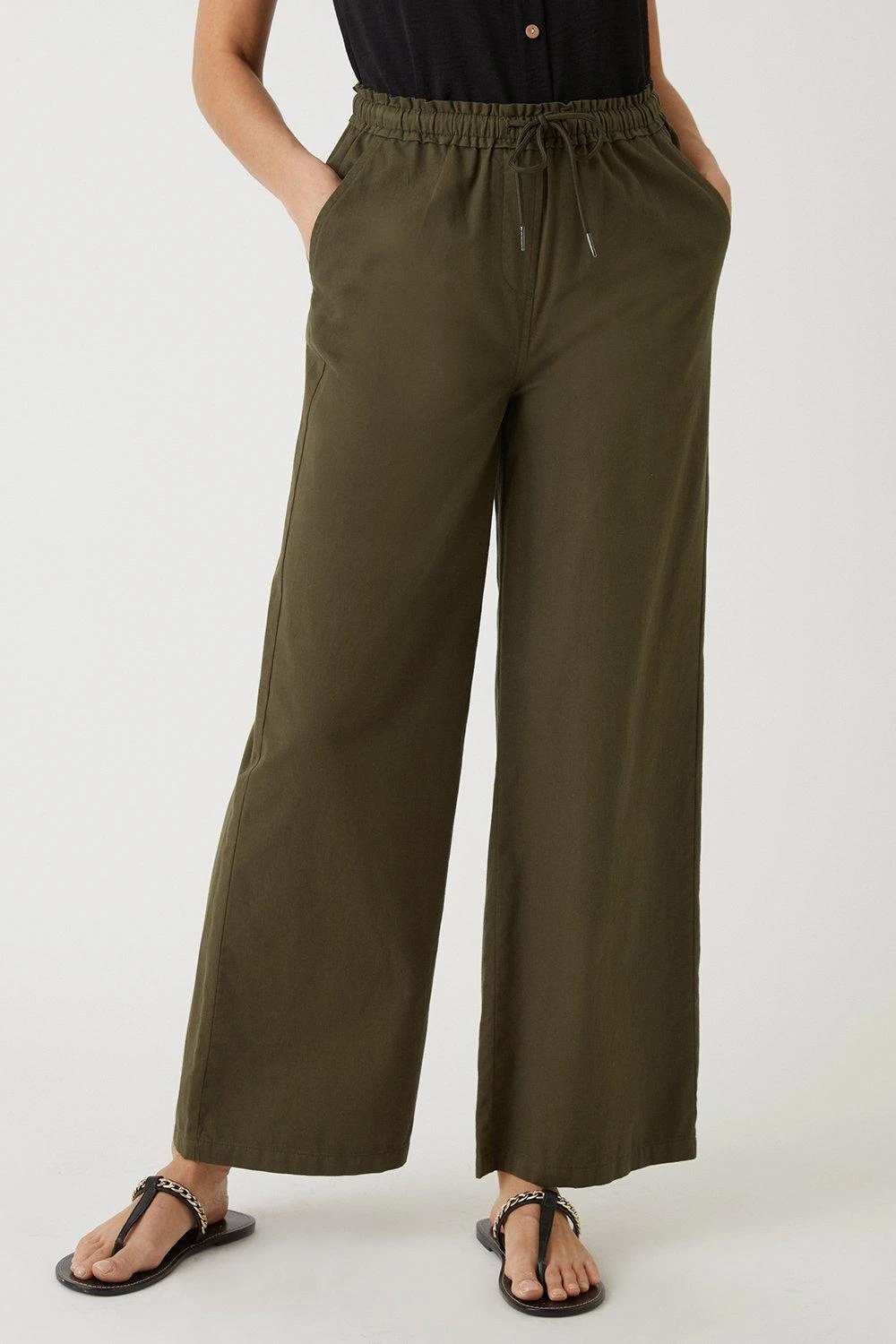 Wallis Khaki Elasticated Waist Wide Leg Trousers - Image 2