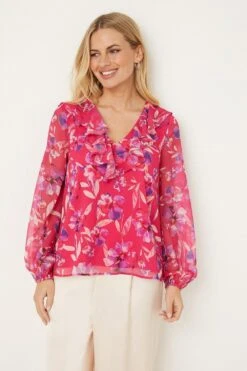 Wallis Petite Pink Watercolour Floral Ruffle Blouse