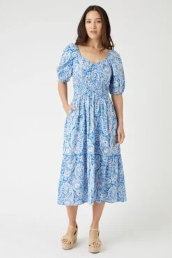 Wallis Paisley Print Linen Look Puff Sleeve Midi Dress