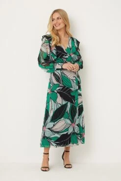 Wallis Petite Green Floral Ruffle Front Wrap Midi Dress