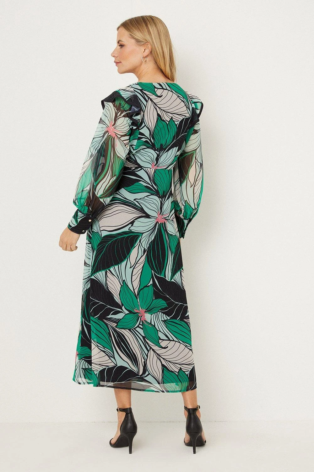 Wallis Petite Green Floral Ruffle Front Wrap Midi Dress - Image 3