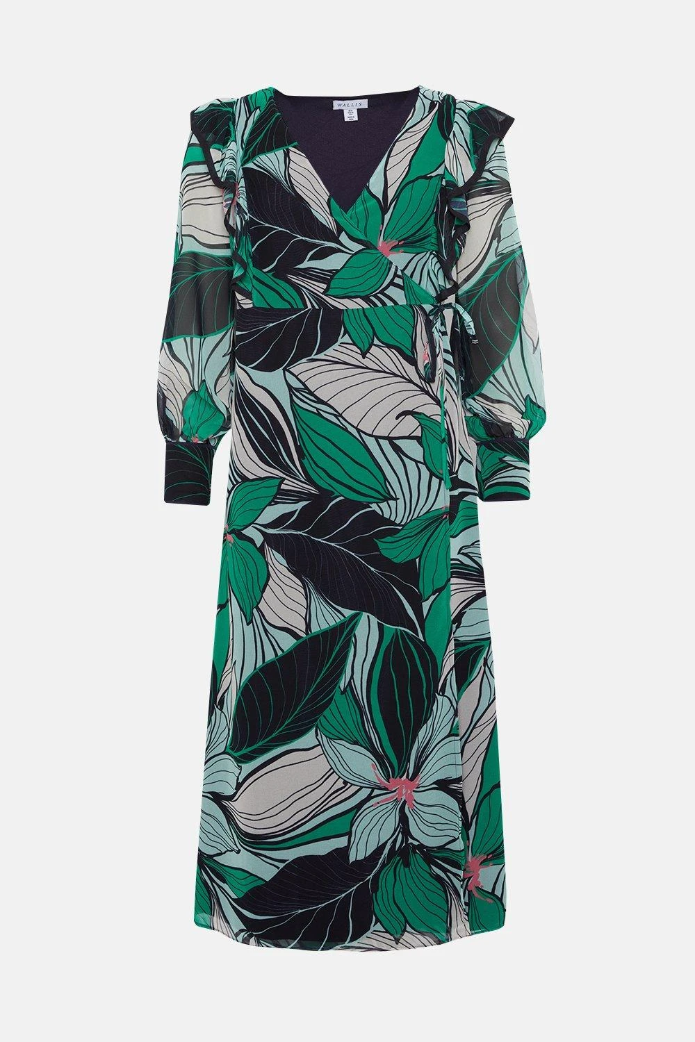 Wallis Petite Green Floral Ruffle Front Wrap Midi Dress - Image 5