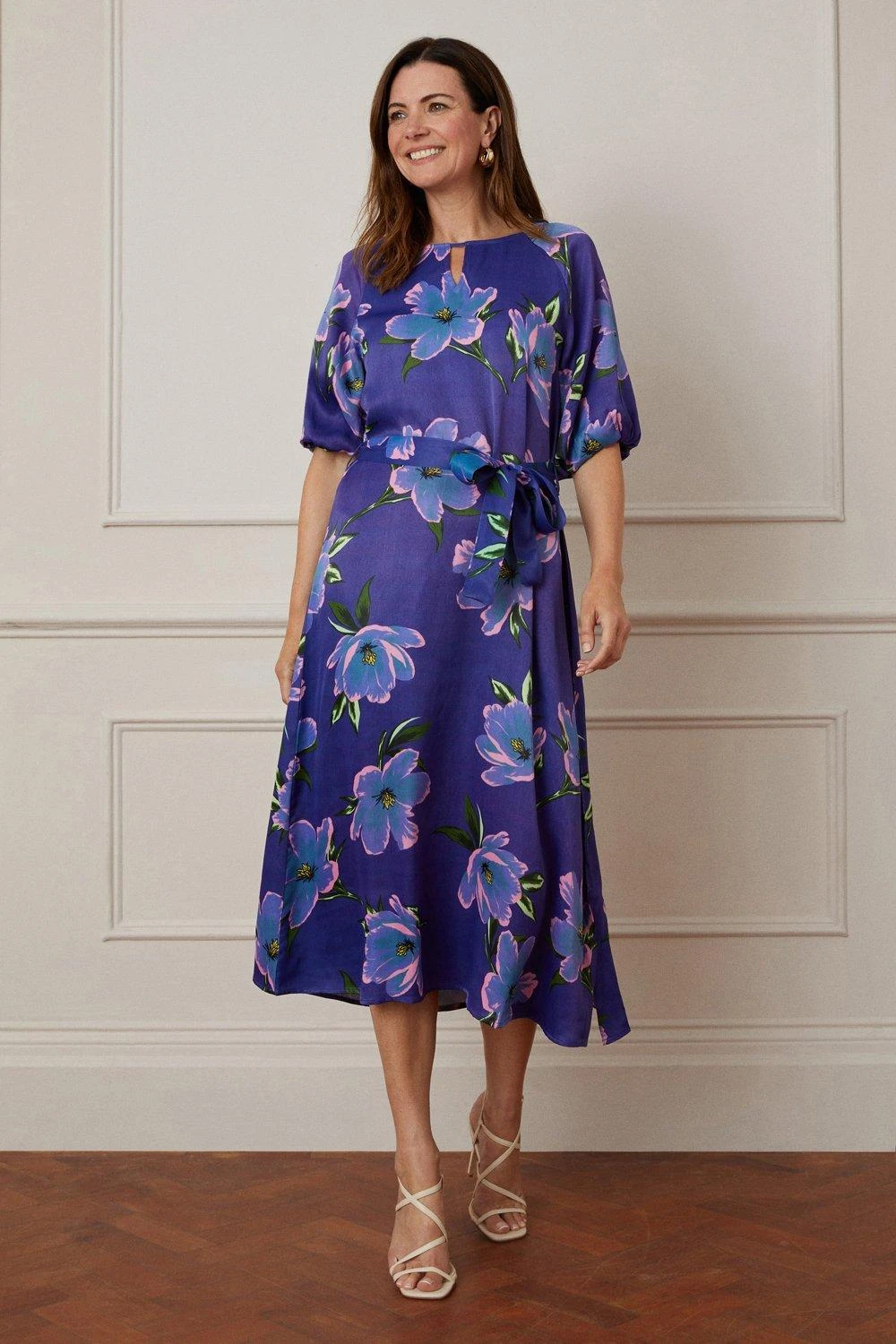 Wallis Floral Satin Balloon Sleeve Midi Dress