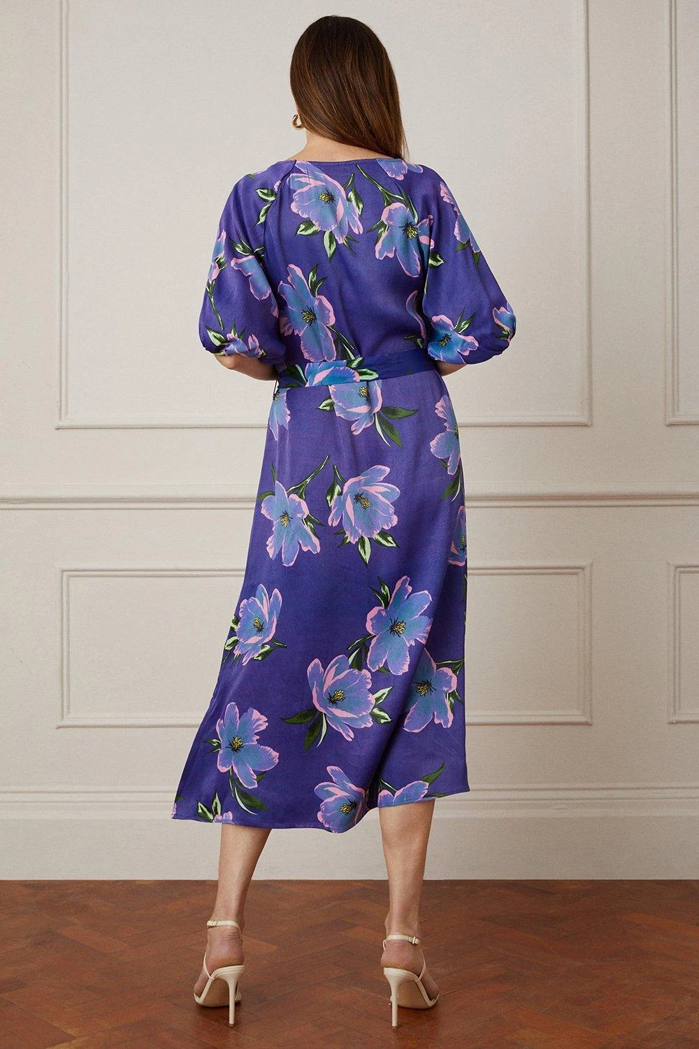 Wallis Floral Satin Balloon Sleeve Midi Dress - Image 3