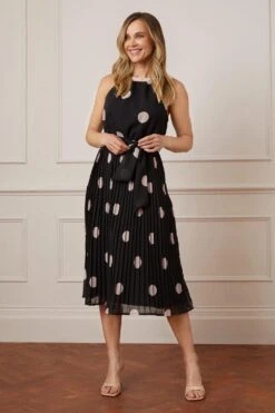 Wallis Spot Beaded Neckline Pleated Midi Dress