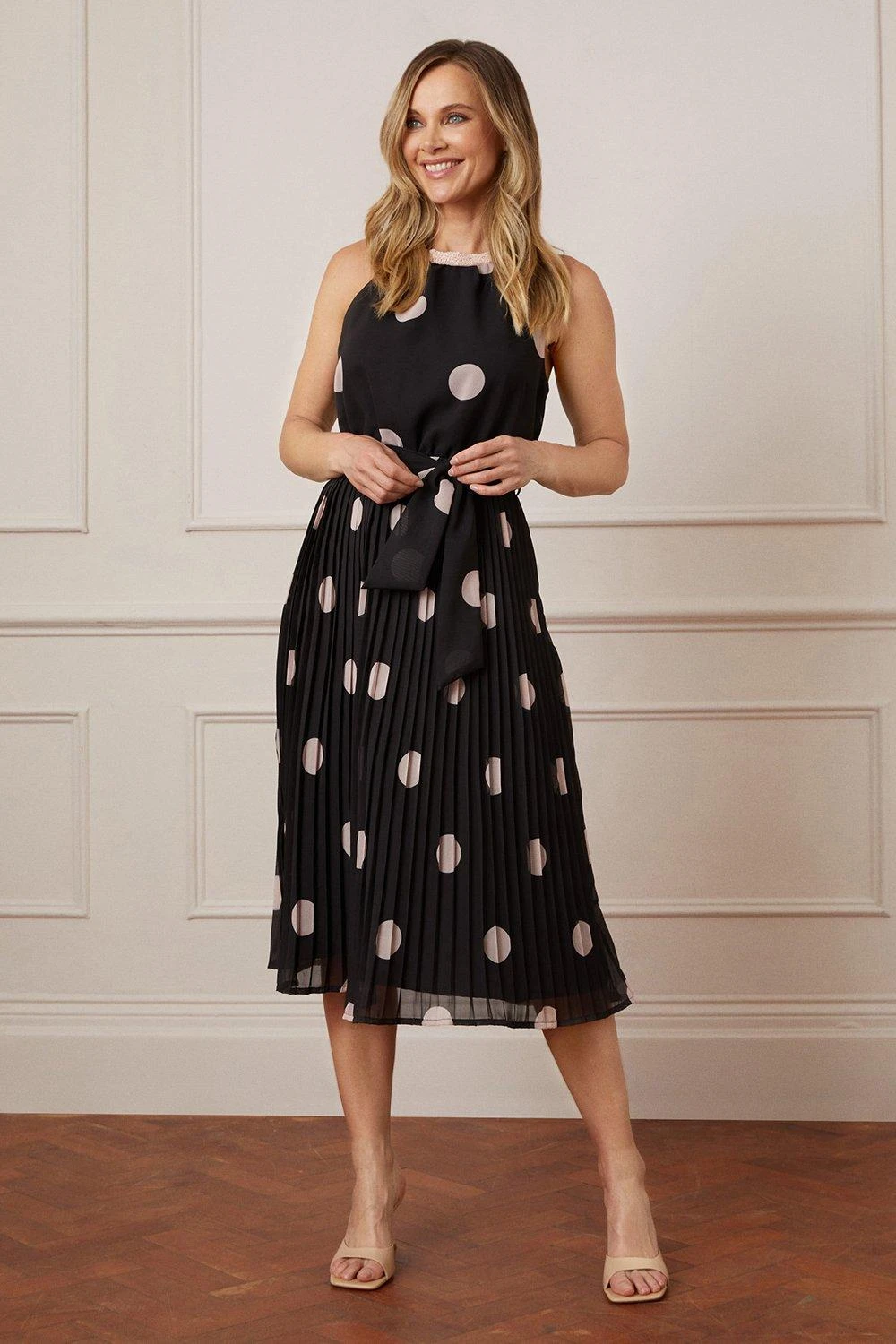 Wallis Spot Beaded Neckline Pleated Midi Dress