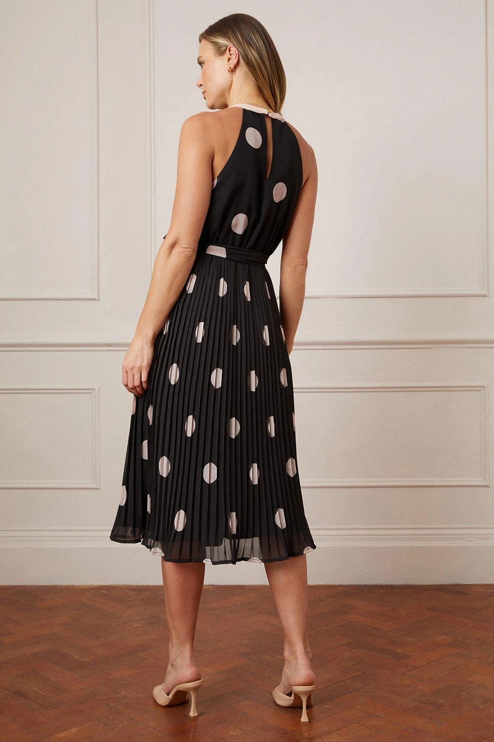 Wallis Spot Beaded Neckline Pleated Midi Dress - Image 3